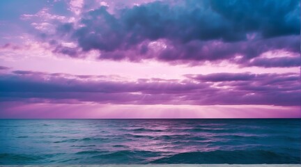 Blue ocean water surface with horizon and a purple cloudy sky from Generative AI
