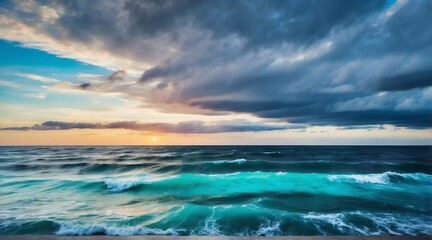Fototapeta premium Blue ocean water surface with horizon and a colorful rainbow cloudy sky from Generative AI
