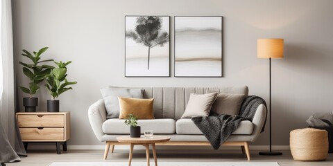 Stylish Scandinavian living room in a modern apartment, featuring a gray sofa, pillows, plants, wooden commode, black table, lamp, and abstract paintings on the wall.