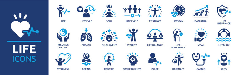 Life icon set. Containing lifespan, soul, vitality, life insurance, wellness, existence, pulse, harmony and more. Solid vector icons collection. - obrazy, fototapety, plakaty