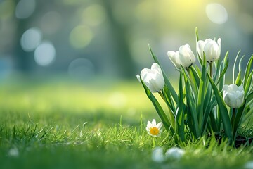 Spring Awakening: White Tulips in Sunlit Meadow