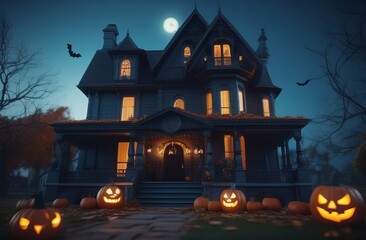 Halloween background. Spooky pumpkins and bat nearby house in dark forest. Halloween design with copy space. Jack 'O Lantern In forest In Spooky Night Halloween