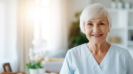 Happy Elderly retirement woman in living room at home, Elderly wellness, nursing home, An Elderly health care. - obrazy, fototapety, plakaty