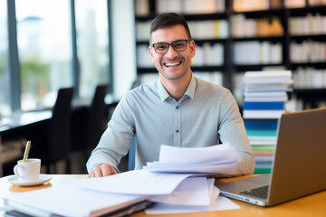 Fototapeta premium A Positive businessman sit at table in office working and holding document paper