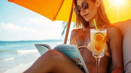 Image of a woman in a bikini reading a book under a beach umbrella, with a tropical drink beside her.