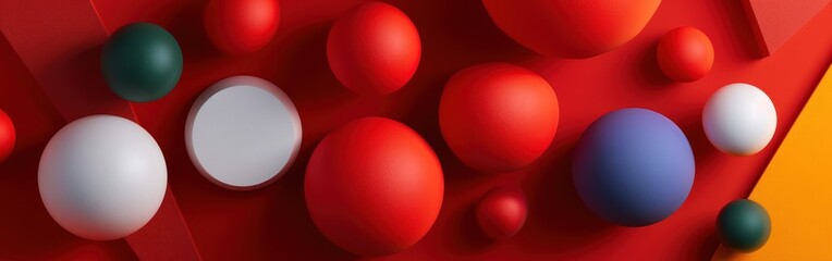 Red, blue and white balls on red background. Banner.