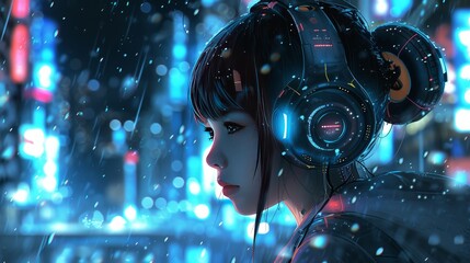 anime girl with headphones in close-up shot and city lights