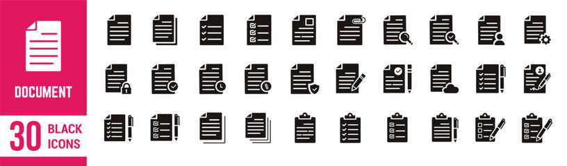 Document Paper Solid icons set. Paper document, agreement, folded paper, form, bill, contract, sheet and application . Vector illustration.