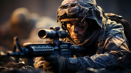 Close-up of a military sniper taking aim from a concealed position, highlighting precision marksmanship - obrazy, fototapety, plakaty