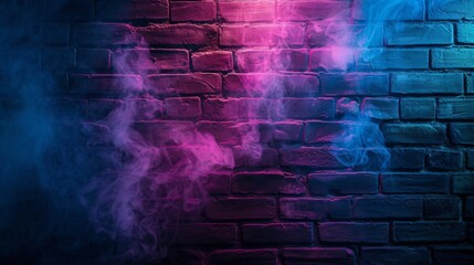 Background of an empty brick wall with neon lights and smoke