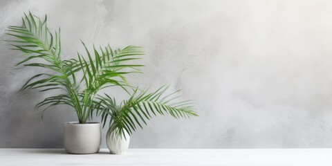 Minimalistic interior decor with tropical plants on a plain cement backdrop, conveying the idea of a pollution-free home.