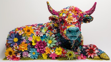 A floral-decorated cow surrounded by flowers