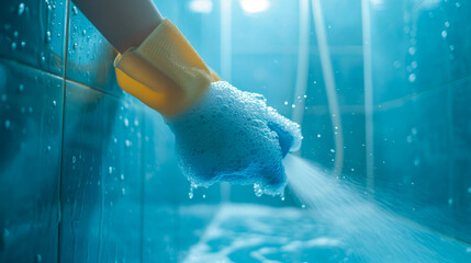 Bristles and spray in hand, a cleaner takes on bathroom duties, ensuring hygiene and freshness in every corner