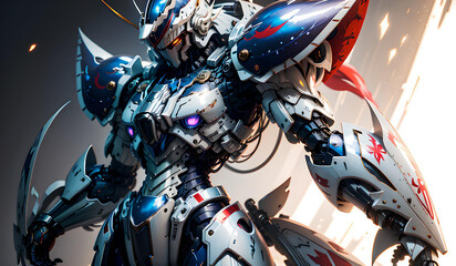 Anime mecha standing facing sideways with a dynamic angle pose, dark background. Cool anime mecha for wallpaper. Futuristic - obrazy, fototapety, plakaty