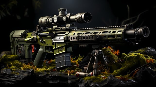 Close-up of a sniper rifle with a high-powered scope and camouflage