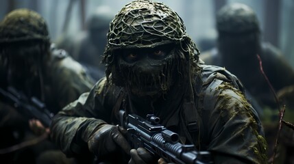 Close-up of a sniper team with ghillie suits, blending seamlessly into their surroundings