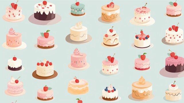 Birthday background with seamless pattern of different cake types.
