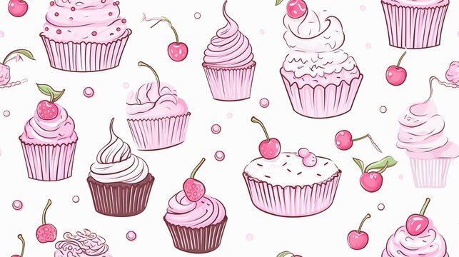 Seamless pattern of hand drawn cupcakes and cherries.