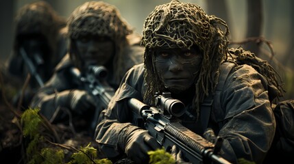 Close-up of a sniper team with ghillie suits, blending seamlessly into their surroundings