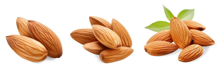 Whole Almonds with Leaves Isolated on White Background