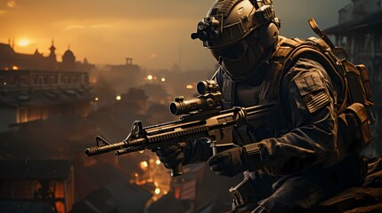 Close-up of a soldier aiming a sniper rifle with a city skyline in the background