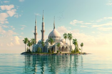 mosque platform sky is clear with few clouds scattered across the blue expanse adding to the aesthetic beauty of the scene