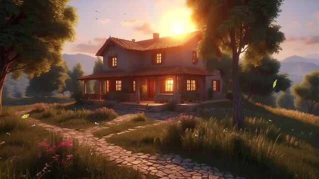 Experience the magic of a hillside dwelling at sunset, set against the backdrop of beautiful green grass fields and butterflies in this 4k loop animation video.