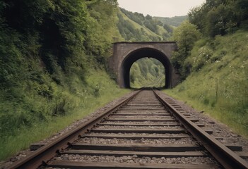 Rusty train tracks lead into a dark tunnel in a desaturated landscape - obrazy, fototapety, plakaty