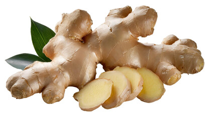 Fototapeta premium Ginger root with leaves isolated on transparent background. Top view.