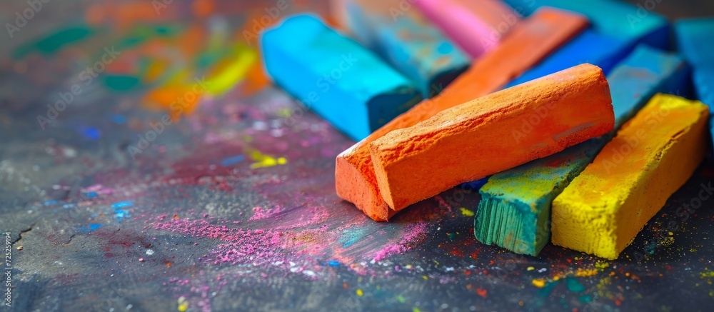 Sticker close-up macro shot of colorful pastel chalks on a grey background, showcasing drawing art.