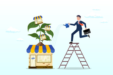 Businessman company leader watering shop growing plant with new shop blooming, growing business, expand shop, entrepreneur to start business building company, raising or develop success plan (Vector)