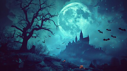 On a spooky Halloween background, from the cemetery to the castle, there is a full moon, a dead tree, and bats.