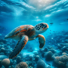 Obraz premium Green sea turtle swimming in the deep blue sea