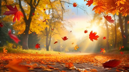 Naklejka na ściany i meble Falling leaves in a stunning scene of autumn