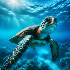 Green sea turtle swimming in the deep blue sea