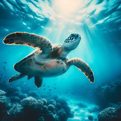 Green sea turtle swimming in the deep blue sea