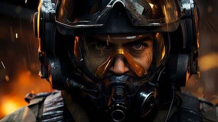 Close-up shot of a fighter jet pilot with a helmet visor down, preparing for a high-stakes mission