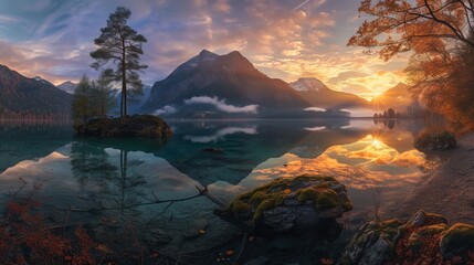 Fototapeta na wymiar Autumnal scenery with the lake reflecting the natural world