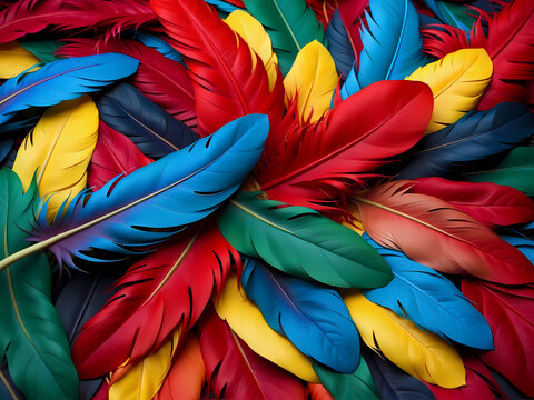  the exquisite beauty of multi-colored Brazilian parrot feathers. Detailed illustration of an amazing feather background