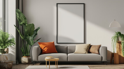 Frame mockup ISO A paper size Living room. Generative AI