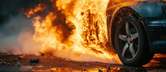 Close up shot of a man using a car to put out a fire. - obrazy, fototapety, plakaty