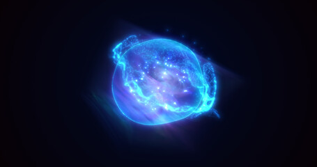 Fototapeta na wymiar Energy blue glowing cosmic magic sphere, futuristic round high-tech ball bright atom made of electricity, background