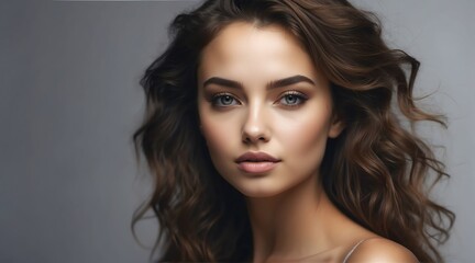 Fototapeta premium Portrait of beautiful young woman with clean fresh skin on plain background, skin care ad concept from Generative AI