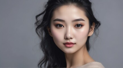 Fototapeta premium Portrait of beautiful young chinese woman with clean fresh skin on plain background, skin care ad concept from Generative AI