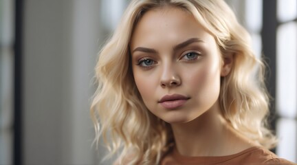 Fototapeta premium Portrait of beautiful young blonde woman with clean fresh skin on plain background, skin care ad concept from Generative AI