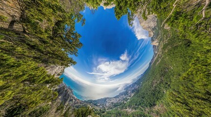 Wide panoramic view on mountain landscape with lush green hills under clear blue sky, tranquil...