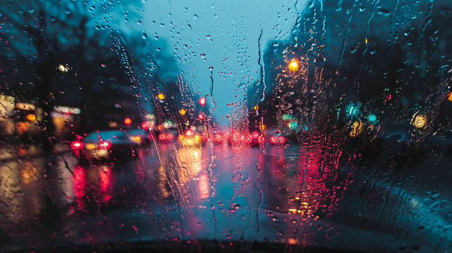 Raindrops race down a car window, distorting the cityscape into a colorful, abstract painting, merging the melancholy of rain with the vibrant hues of urban life © Дмитрий Симаков