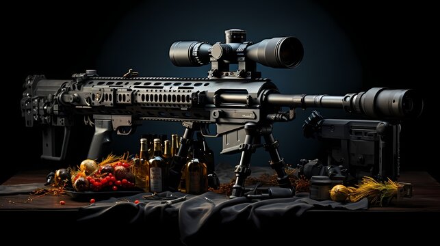 Close-up shot of a specialized sniper rifle with a high-powered scope, highlighting precision in military marksmanship