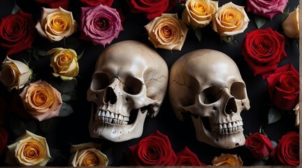 A skull with colorful roses on plain black background from Generative AI