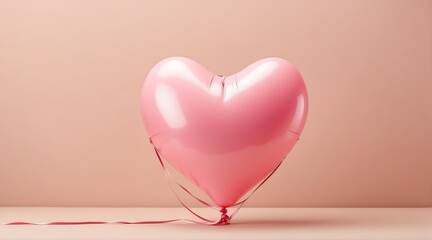 A pink heart shaped balloon on plain pink beige background from Generative AI
